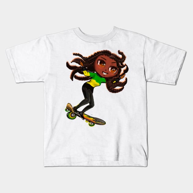 Jamaican jumper women skateboarding girl manga anime girl Jamaican girl on skateboard wearing jumper with colours of Jamaican flag black green and yellow women Kids T-Shirt by Artonmytee